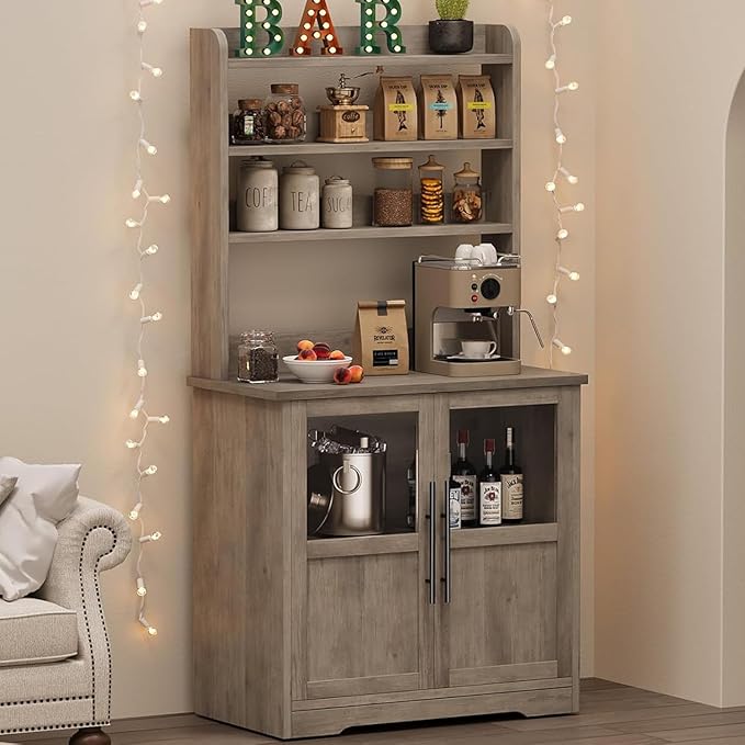 IDEALHOUSE Bakers Rack With Storage Cabinet, Microwave Stand With Power Outlets, Farmhouse Bakers Rack With Thick Table Top, Small Kitchen Pantry for Kitchen,Dining Room,Retro Gray