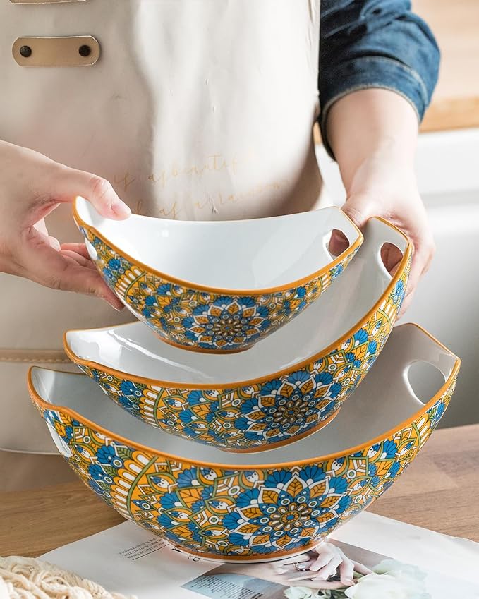 LAUCHUH Serving Dishes for Entertaining, Porcelain Serving Bowls with Handles Bohemian Salad Bowls Set Nesting Bowls for St. Patrick's Day Party, Set of 3, 15/28/49 oz, Blue and Yellow