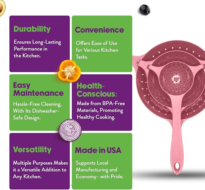 Crisp 3 Piece Nesting Strainer Set - Plastic, Durable Kitchenware, Dishwasher Safe - Made in the USA - Pink