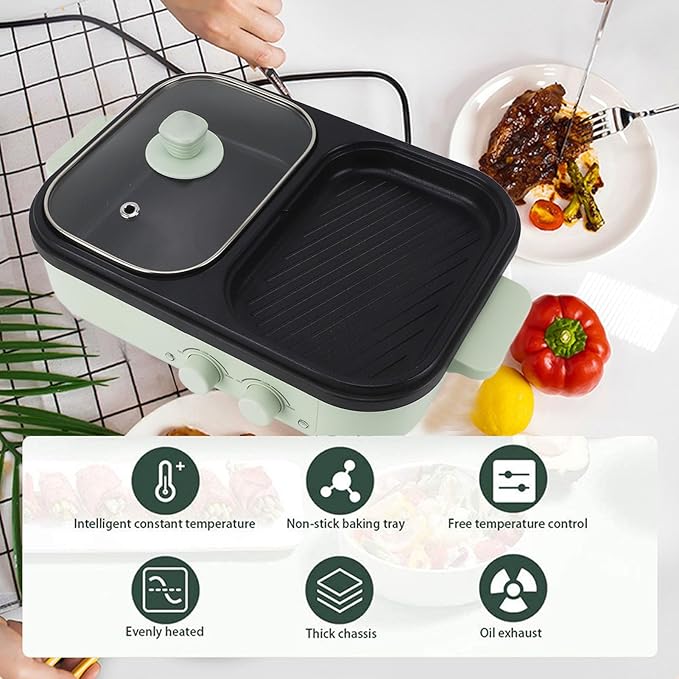 Topyond 1300W Electric Hot Pot with Divider, Non Stick Dual Sides Cooking Pot, Indoor Outdoor Use, Green, Shabu Shabu Pot, Hot Pot Cooker