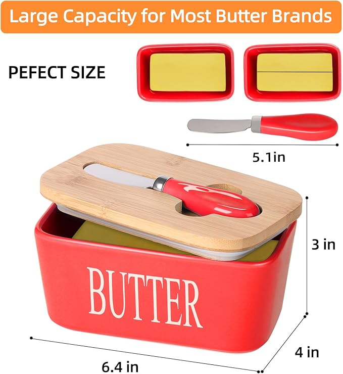 Ceramic Butter Dish with Wooden Lid, Large Butters Container Keeper Storage with Stainless Steel Knife Spreader, Bamboo Cover and Silicone Sealing Ring for West East Coast, Red