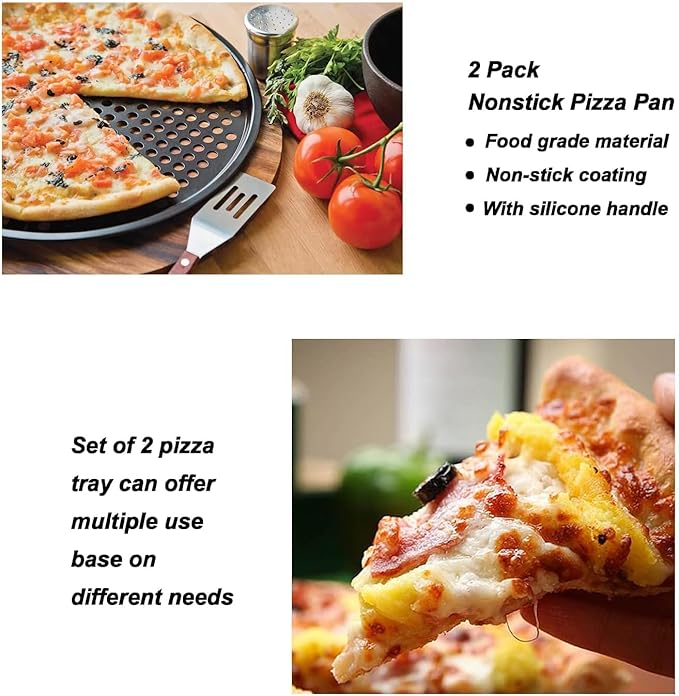 ZOEHROWS 13 Inch Pizza Pan for Oven (2 Pack) Round Pizza Pan with Holes - Non-Stick Carbon Steel Pizza Tray with Silicone Handles - for Cooking, Baking, and Grilling - Dishwasher Safe