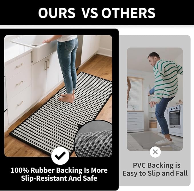 Long Kitchen Runner Rugs Kitchen Mat Non Slip Washable, Super Absorbent Soft Chenille Braided Kitchen Mats for Floor, Rubber Backing Kitchen Floor Sink Standing Mat, Easy Clean, Black 24"x71"