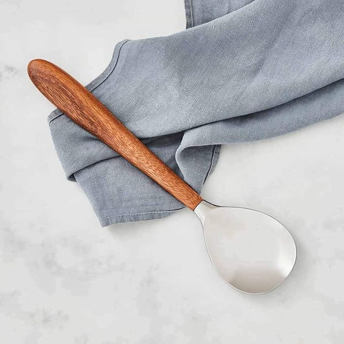 Nambé Curvo Serving Spoon, 13 x 3" Stainless Steel Bowl with Acacia Wood Handle, Modern Tableware Utensil for Serving Side Dishes, Salads, Main Courses, Pasta, Rice & Dinner Parties