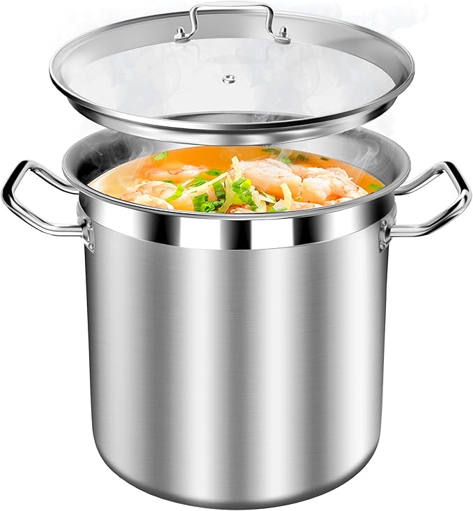 STOCKPOT Stainless Steel 20 Quart Stockpot with Tempered Glass Lid, 3-Ply Base, 8.8 lbs, Polished Finish, Suitable for Stovetop and Oven
