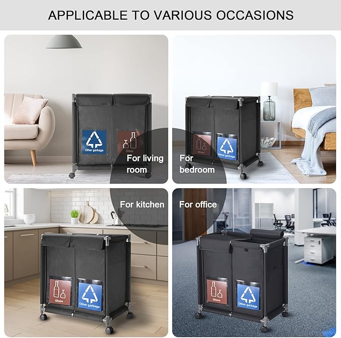 Hivexagon 2 in 1 Garbage Recycle Sorting Basket,2 Cover Top Compartments with Wheels,2 Front Transparent Display Pockets 110L Large Capacity Perfect for Kitchen Office