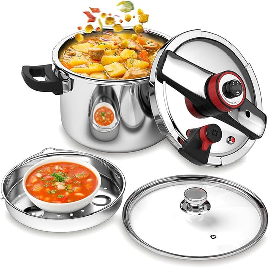 BreeRainz 3-In-1 Stainless Steel Pressure Cooker 8.45QT, 3-Stage PSI Settings, One-Hand Locking,Explosion-Proof Pot w/Extra Glass Lid, Timer, Steaming Rack(Induction Compatible Olla de Presion)