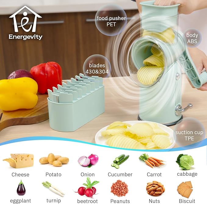 Manual Rotary Cheese Grater with Handle, 5 in 1 Replaceable Stainless Blades Cheese Shredder,Strong Suction Base Vegetable Slicer with Cleaning Brush & Bonus Storage Box for Blades (green)