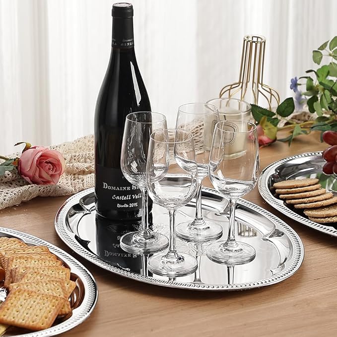 4-Pack 15.7" x 11.8" Large Silver Serving Trays for Party Set - Oval Floral Engraved Serving Platters, Wedding Birthday Mirror Tray for Valentine's Day, Food, Appetizer, Charcuterie, Cookies, Desserts