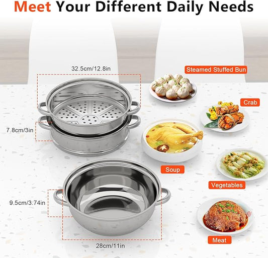 3 Tier Steamer Cooker,Home Steam Pot Set,Multi tier Stainless Steel Kitchen Cookware Hot Pot for Cooking Vegetables, Seafood, Soups, Stews and Pasta (Silver, 12.8 * 9.84in)