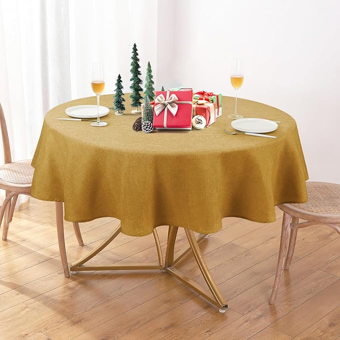 AUSSPVOCT Textured 60 Inch Round Tablecloth Up to 40'' Tables, Waterproof Spill-Proof Wipeable Gold Table Cloth Wrinkle Free Circle Dining Table Cover for Birthday Farmhouse Christmas Tablecloths