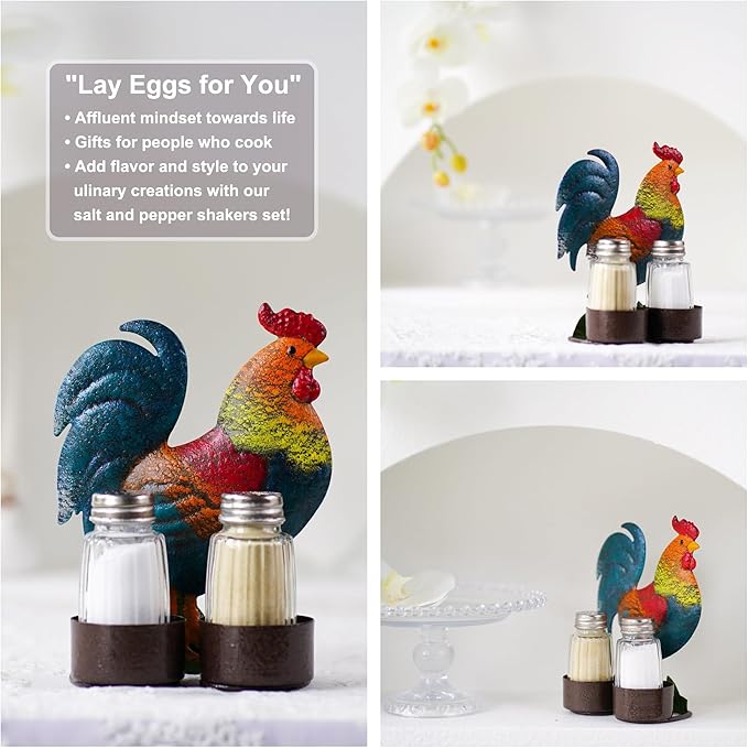 Rooster Salt and Pepper Shakers Set - Two Glass Shakers With Lids, Vintage Metal Rooster Holder Caddy For Spices And Seasonings, For Kitchen, Dining Or Table Decor (rooster)
