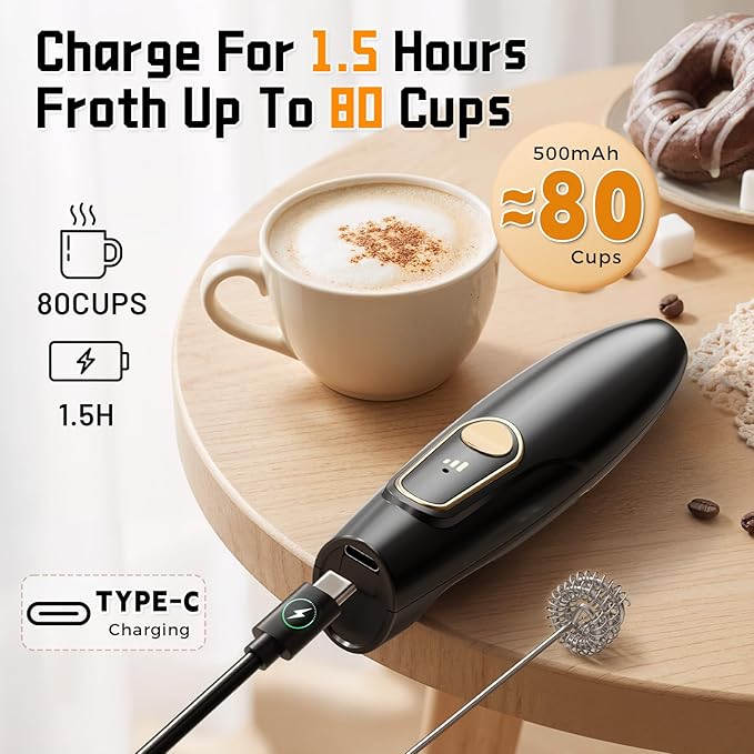 Frother for Protein Powder - Rechargeable Milk Frother with Stand, Handheld 3-Speed Coffee Frother, Dual Spring Whisk Electric Wand Drink Mixer for Kitchen