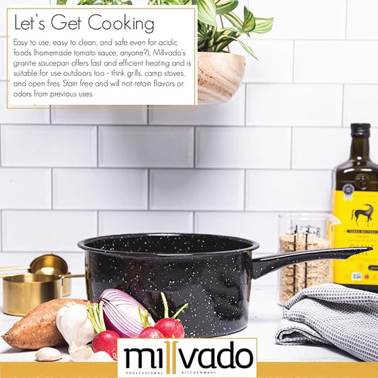 Millvado 4 Quart Granite Saucepan, Naturally Nonstick Sauce Pots, Speckled Enamel Ware Cookware, Small Sauce Pan for Cooking and Boiling - Granite Cooking Pot for Stovetop, Campfire, Outdoor Stove