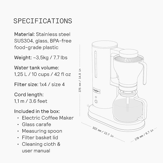 Aarke Coffee Maker - Electric 10 Cup / 42 fl oz Drip Brewer with Automatic Drip-Stop, Glass Carafe, Brews Full Pot in Under 6 Minutes, SCA Certified, Stainless Steel