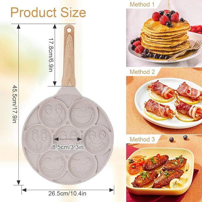 Smiley Face Pancake Pan - Nonstick 10 Inch Mini Pancake Maker with 7-Cup Mold, Silver Dollar Pancake Pan - White