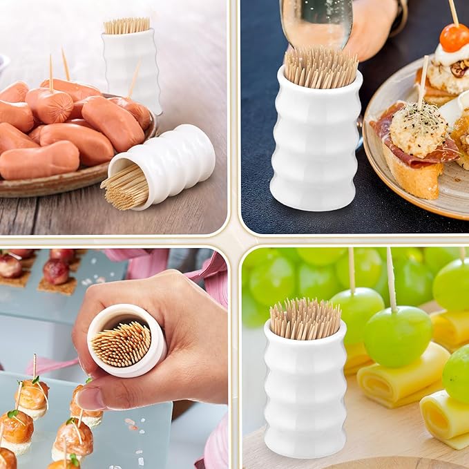 Mimorou 4 Pcs White Ceramic Toothpick Holder Simple Ceramic Toothpick Dispenser Container for Home Charcuterie, Easy to Clean (Bamboo Shape)