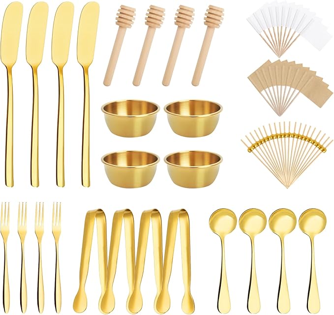 94 Pcs Charcuterie Board Accessories, Stainless Steel Cheese Spreaders Forks Spoons Mini Serving Tongs Honey Dippers Sauce Cups Toothpick Flags Charcuterie Utensils for Pastry Making, Gold
