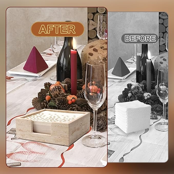 Luncheon Napkin Holder,Travertine Stone Napkin Holders Fit for 6.5”x6.5” Luncheon-Sized Napkins,Stone Napkin Holder for Table Kitchen Counter Dining Room Party Bar Decor,Beige