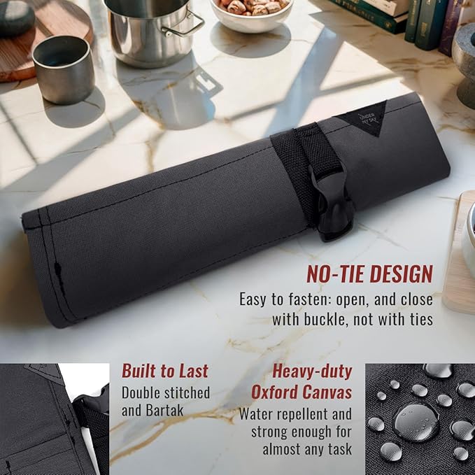 Under NY Sky Knife Roll Case - 3 Slots - Heavy Duty Oxford Canvas Pouch - Leather Reinforced - Portable Bag for Cooking Tools, Utensils, Cutlery Knives, Brushes - Chefs, Kitchen, Travel, Gift - Gray