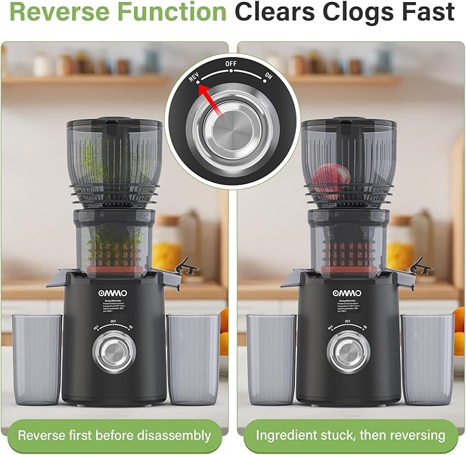 OMMO Juicer Machines, 300W Cold Press Juicer for Whole Vegetables & Fruits with 6'' Large Feed Chute, Slow Masticating Juicer Easy to Clean, High Juice Yield, BPA Free, Black