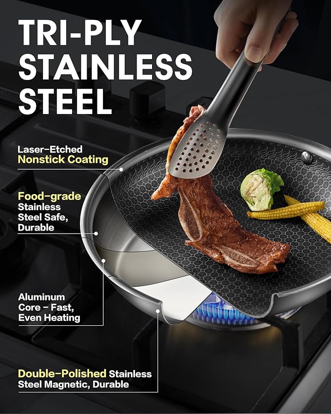 USELUCK Nonstick Frying Pans with Lid,8/10/12 inch Stainless Steel Skillet Set with Honeycomb Surface, Induction Compatible, Oven & Dishwasher Safe, PFAS-Free Cookware Sets (Frying Pan 6PCS)