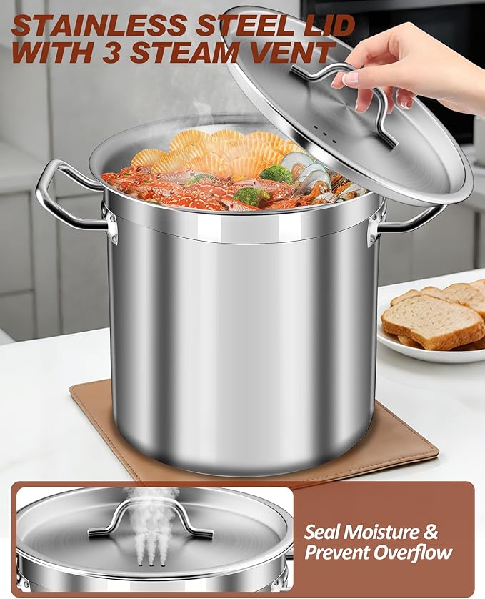 Falaja Stock Pot 20 Quart - Stainless Steel Stock Pot with Lid – Heavy-Duty Cooking Pot for Soup, Stew, Pasta – Commercial & Home Use, Induction Compatible - 5 Gallon