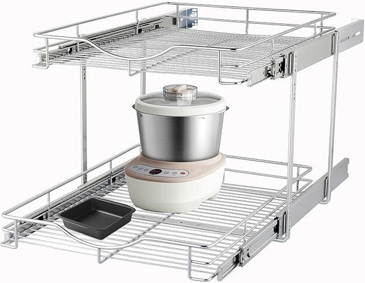 DINDON Pull Out Cabinet Organizer (14" W X 21" D), Cabinet Pull Out Shelves, 2 Tier Pull Out Drawers for Kitchen Cabinets, Wire Basket Slide Out Shelf for Cabinet Organization in Kitchen, Pantry