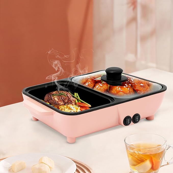 2 in 1 Electric Hot Pot with Grill, Non-Stick Electric Hot Pot and Frying Pan Fast Heating Baking Pan Multifunctional Nonstick Griddle for BBQ, Steaks, Noodles & More