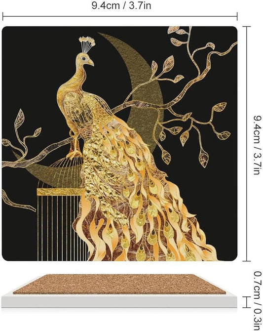 Square-4PCS Peacock Drink Coasters, Square Modern Ceramic Absorbent Coasters, Vintage Tree Branch Beautiful Gold Peacock Decor Desk Coffee Table Coaster for Beverage Cup Tea Coasters