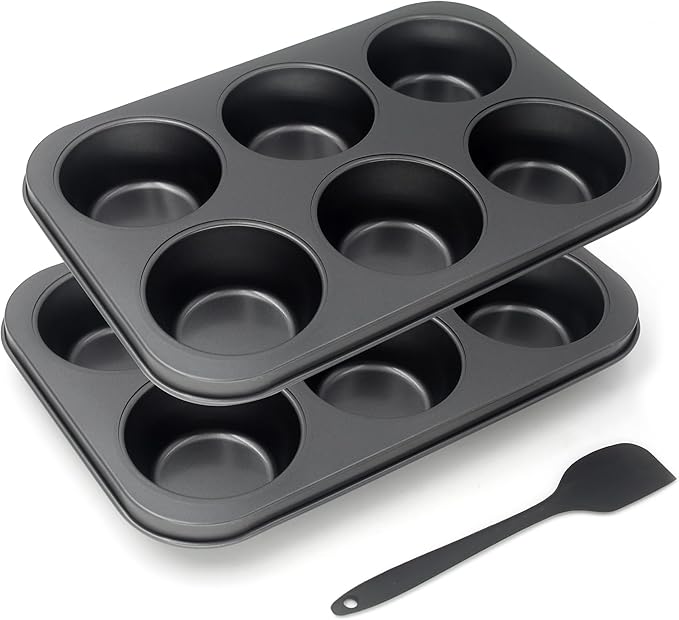 Bakexcel Non-Stick Jumbo Muffin Pans, 6-Cup Set of 2 Baking Pans with a Spatula for Extra-large Muffins & Cupcakes