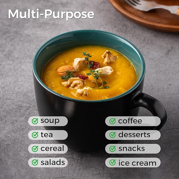 GBHOME Jumbo Soup Mugs with Handles, 24 Oz Large Coffee Mugs Set of 4, Ceramic Soup bowls for Coffee,Cereal,Snacks,Salad,Noodles etc Soup Cups,Microwave&Dishwasher safe-Green Inside