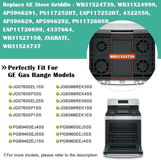 Hiorucet WB31X24738 Cast Iron Griddle Replacement for GE Appliance Gas Range, JGBS66REKSS, JGB700SEJ4SS, JGSS66SEL1SS, JGSS66SEL3SS, JGSS66SELSS, JGB700SEJ1SS Griddle Plate Cooktop for GE Center Part.