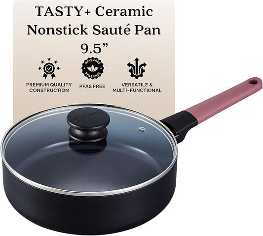 Brabantia Tasty+ 9.5” Nonstick Ceramic Sauté Pan with Lid – PFAS/PFOA/PTFE Free, 2.5 Qt Deep Skillet for Healthy Cooking, Stay-Cool Handle, All Stovetop Safe