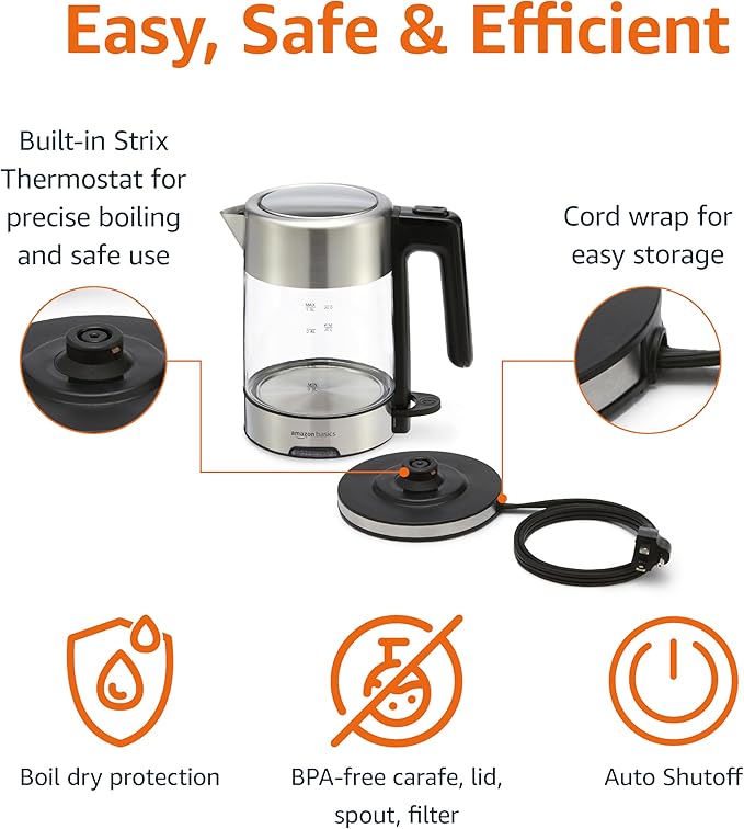 Amazon Basics Electric Kettle with Glass Carafe for Tea and Coffee, BPA-Free, Fast Boiling, Auto Shut-Off, 1 Liter, 1500W, Glass and Steel