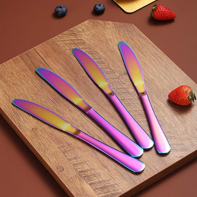 Berglander Rainbow Dinner Knives Set Of 4, Stainless Steel Titanium Plating Shiny Colorful Dinner Knife, Mutil Color Butter Knife Spreader Table Knives Sturdy And Dishwasher Safe