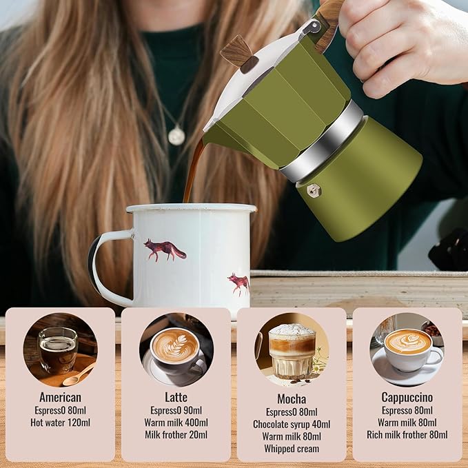 Vaolvpant 3 Cup Aluminum Moka Pot Classic Stovetop Espresso Coffee Maker 150ml 5oz Coffeemaker Percolator Mocha Pot Greca Coffee Maker Cafe Makers for Italian and Cuban Café Brewing Green