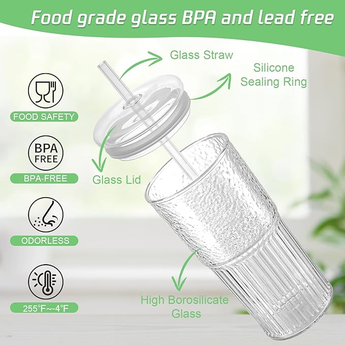 Glass Cups with Lids and Glass Straws, High Borosilicate 20OZ Tumblers for Coffee, Tea, Juice, Smoothies, Hot/Cold Drinks at Home, Office