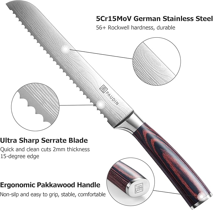 PAUDIN Bread Knife 8", Ultra Sharp Wave Edge - Forged Premium German HC Stainless Steel, Serrated Bread Knife for Homemade Bread and Sourdough Bread, Pakkawood Handle