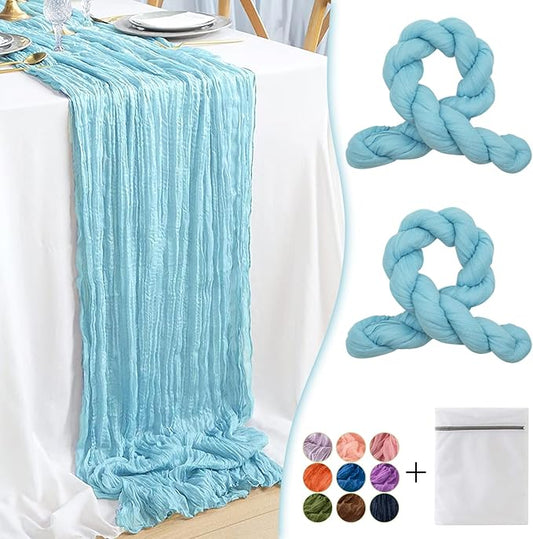 Baby Blue Cheesecloth Table Runner 2 Pack 35" Boho Gauze Cheese Cloth 120 inches Long Rustic Sheer Fabric Bulk for Baby Shower Wedding Bridal Birthday Party Table Decorations