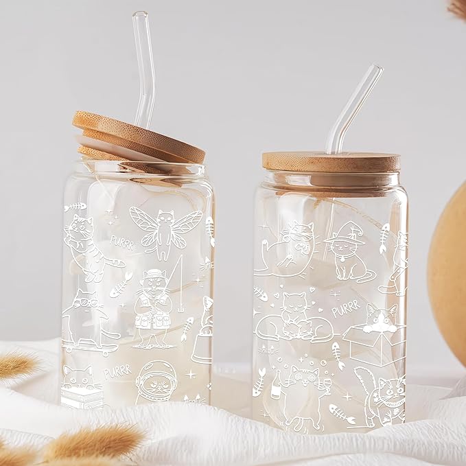 Funny Cat Glass Cups with Lids and Straws for Cat Lover Women Girl Cool Cats Lovers Iced Coffee Cup Cute Decor Stuff Accessories Christmas Birthday Valentine Gift for Mom Daughter Bestie 16 Oz