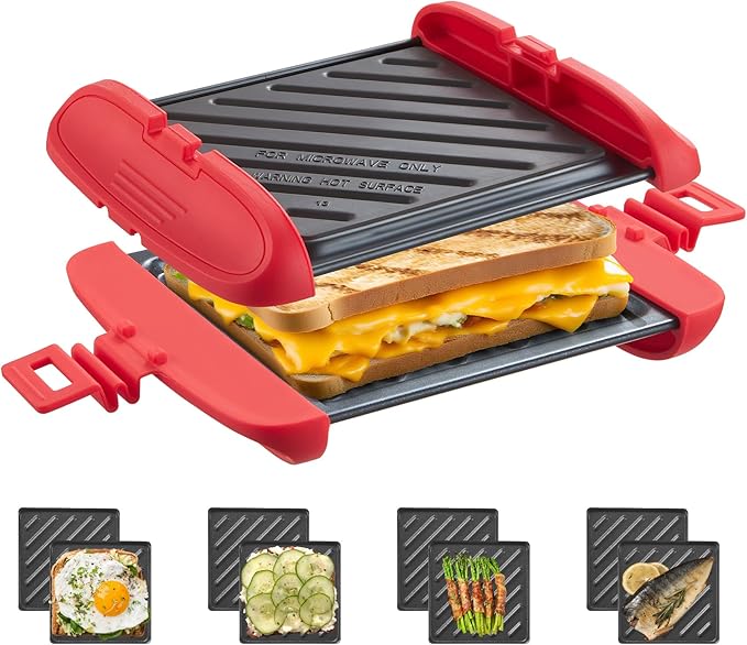 Microwave Sandwich Maker, Microwave Toastie Maker, Snack Maker & Panini Press, Microwavable Metal, Removable Non-Stick Plates Silicone Microwavable Cookware, Dishwasher Safe, Red