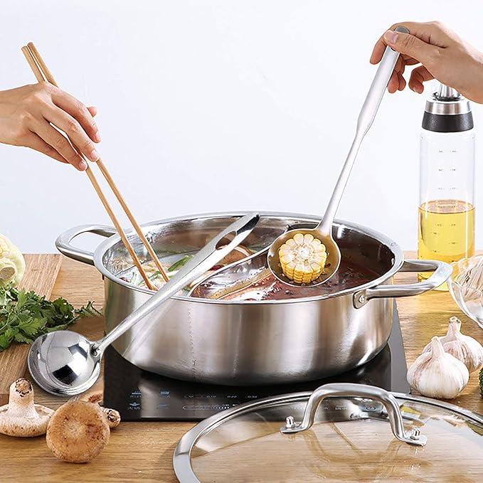 Double-flavor Shabu Shabu Pot with Divider and Lid, Dual Sided Nonstick Hot Pot, 32cm/12.6in Stainless Steel Shabu Shabu Pot, for Induction Cooktop, Gas Stove & Hot Burner, Soup Ladle Included