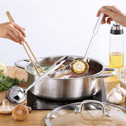 Double-flavor Shabu Shabu Pot with Divider and Lid, Dual Sided Nonstick Hot Pot, 32cm/12.6in Stainless Steel Shabu Shabu Pot, for Induction Cooktop, Gas Stove & Hot Burner, Soup Ladle Included