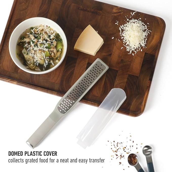 Calphalon Edge Stainless Steel Handheld Grater Lemon Zester W/Cover & Rubber Handle - Taupe