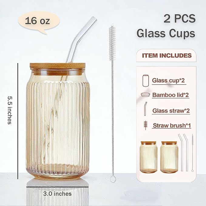 2 PCS Glass cups with Lids and Straws, 16 OZ Iced Coffee Cups, Ribbed Glass Tumbler with Straw and Bamboo Lid, Thick Drinking Beer Glasses for Coffee, Juice, Match Cup with Cleaning Brush (Yellow)