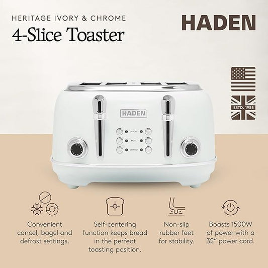 HADEN Heritage Toaster with Extra Wide Slots, 1500-Watt, Ivory & Chrome - Retro Stainless Steel Design with Self-Centering Function, Adjustable Browning Control & Removable Crumb Tray