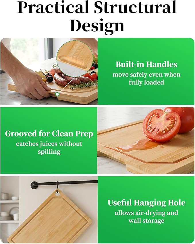 Kitsure Cutting Board Set - 3-Piece Wooden Cutting Boards for Kitchen with Juice Groove, Handles, Hang Holes, Stylish Kitchen Essentials for Chpping & Serving, Natural, 0.4"Th - (L+M+S)