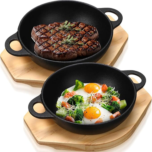 2 Sets Mini Cast Iron Skillet with Wooden Base Small Cast Iron Plates Skillet Pan Round Fajita Plate Hot Steak Pot Dish for Baking Cooking (9.45 Inch)