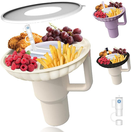 Stanley Snack Tray with Lid and Straw Covers Cap，Compatible with Stanley Cup 40 oz, Stanley Cup Accessories for Car Cup Holder, Home, Party,Outdoor，Silicone Snack Bowl, Christmas Gifts, White